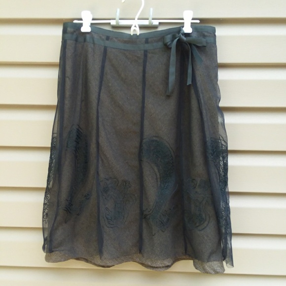 OXMO Skirt Sz 38 Black Embroidered Brw Herringbone - Picture 2 of 8